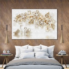 SML Tablo İnci Kuğu Çifti Çiçek Porselen Efektli Modern Dekoratif Kanvas Tablo