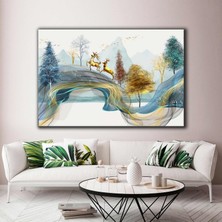 SML Tablo Altın Geyikler Turkuaz Sarı Ağaçlar Manzara Gold Dekor Kanvas Tablo