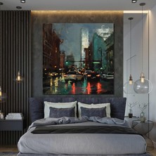 SML Tablo Gece Şehir Işıkları Manzara City Yağlı Boya Efektli Doğa Kanvas Tablo