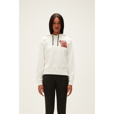 Bad Bear Here Kapüşonlu Kadın Beyaz Sweatshirt Düz Desenli Rahat Kesim Sezonluk
