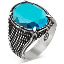 Takılingo 925 Ayar Gümüş Oval Pençeli Açık Mavi Zirkon Taşlı  Erkek Yüzük