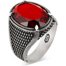 Takılingo 925 Ayar Gümüş Oval Pençeli Kırmızı Zirkon Taşlı  Erkek Yüzük