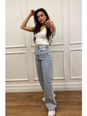 Livik Kadın Tiger Mavi Kar Yıkama Yüksek Bel Bol Paça Denim Kot Pantolon- Salaş Pantolon
