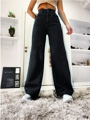 Livik Haley Kadın Siyah Salaş Yüksek Bel Likralı Bol Paça Denim Kot Pantolon