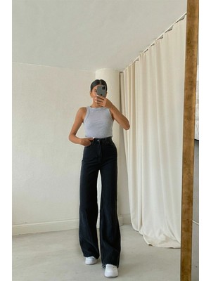 Trn JNS  Saudade Siyah Likralı Süper Yüksek Bel Wide Leg Jean Salaş Geniş Paça Kot Pantolon