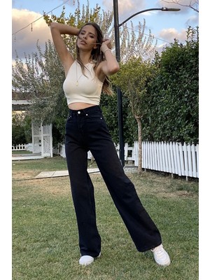 Livik Siyah Süper Yüksek Bel Wide Leg Jeans - Solmaz Kumaş