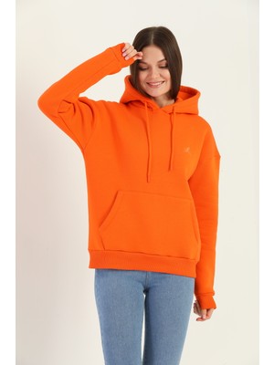Buen Style Turuncu Kadın Basic Regular/relax Fit Kapüşonlu Nakışlı Kanguru Cepli Sweatshirt