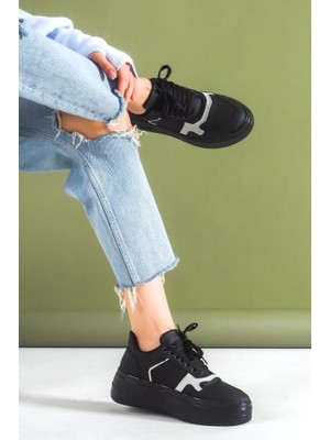 Basskan Bayan Siyah Gri Yüksek Tabanlı Bağcıklı Dolgu Taban Sneaker Spor Ayakkabı SP120