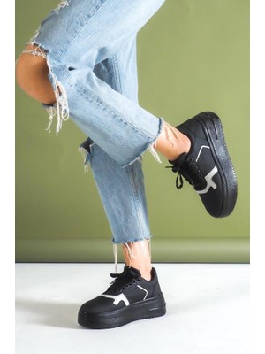 Basskan Bayan Siyah Gri Yüksek Tabanlı Bağcıklı Dolgu Taban Sneaker Spor Ayakkabı SP120