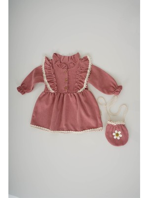 Miniko Kids Kız Çocuk Uzun Kol Papatya Desenli Elbise Yumuşak Pamuklu Kumaş ve Çanta ile