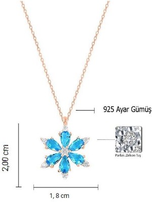 Enes Store 925 Ayar Lotus Çiçeği Aquamarin Taşlı Rose Gold Bayan Gümüş Kolye