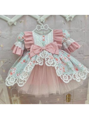 Hly Karol Tekstil Somon Mint Çiçekli Vintage Kız Bebek Elbisesi, Özel Dikim Kız Çocuk Elbisesi, Doğum Günü Elbisesi, Fotoğraf Çekim Elbisesi, Kız Bebek Hediyesi,0-7 Yaşa Uygun