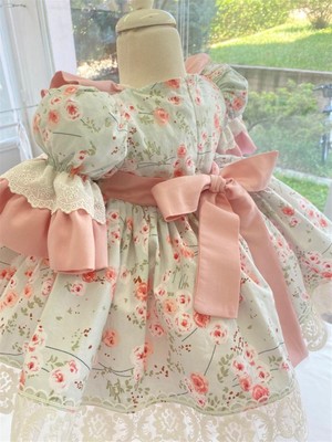 Hly Karol Tekstil Somon Mint Çiçekli Vintage Kız Bebek Elbisesi, Özel Dikim Kız Çocuk Elbisesi, Doğum Günü Elbisesi, Fotoğraf Çekim Elbisesi, Kız Bebek Hediyesi,0-7 Yaşa Uygun