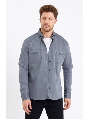 Cool Tarz Erkek Füme Çift Cepli Çıt Çıt Düğmeli Slim Fit Kot GÖMLEK-TCKTGMLKR07S