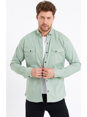 Cool Tarz Erkek Yeşil Çift Cepli Çıt Çıt Düğmeli Slim Fit Kot GÖMLEK-TCKTGMLKR04S