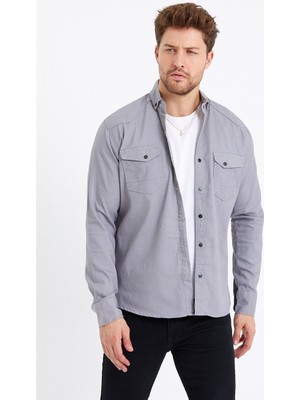 Cool Tarz Erkek Gri Çift Cepli Çıt Çıt Düğmeli Slim Fit Kot GÖMLEK-TCKTGMLKR06S
