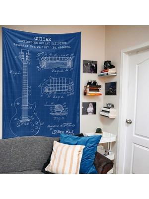 The Lucid Lab Gibson Les Paul Gitar Blueprint Tapestry  Gitarlı Duvar Örtüsü Müzik Oda Dekorasyonu