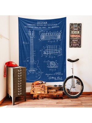 The Lucid Lab Gibson Les Paul Gitar Blueprint Tapestry  Gitarlı Duvar Örtüsü Müzik Oda Dekorasyonu