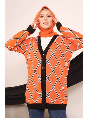 İmaj Butik Orange Kadın Modest Düğmeli Desenli Tesettür Triko Hırka