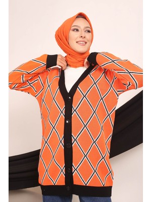 İmaj Butik Orange Kadın Modest Düğmeli Desenli Tesettür Triko Hırka