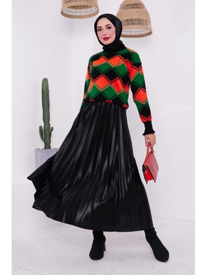 İmaj Butik Siyah Kadın Yaka Kol Fırfır Detaylı Desenli Triko Kazak