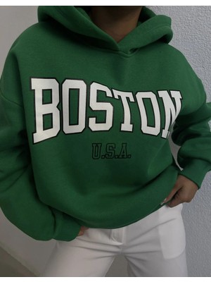 Kadın Boston Baskılı Kapüşonlu  Şardonlu Yeşil Swaetshirt