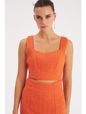 Sateen Askılı Tüvit Crop Bluz - Oranj