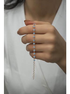 Nereze 925 Ayar Gümüş Rose Sıralı 3 mm Aquamarin Taşlı Bileklik