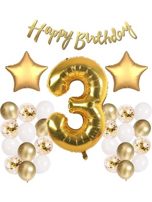 Çıtı Pıtı Store Gold Konsept 3 Yaş Doğum Günü Kutlama Seti; Beyaz Gold Konfetili Balon, Rakam Yıldız Folyo ve Banner