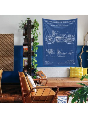 The Lucid Lab Harley Davidson Model 28B Blueprint Tapestry - Motorsikletli Mavi Duvar Örtüsü Oda Dekorasyonu