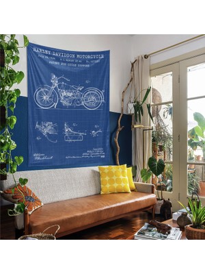 The Lucid Lab Harley Davidson Model 28B Blueprint Tapestry - Motorsikletli Mavi Duvar Örtüsü Oda Dekorasyonu