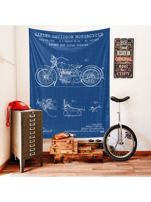 The Lucid Lab Harley Davidson Model 28B Blueprint Tapestry - Motorsikletli Mavi Duvar Örtüsü Oda Dekorasyonu