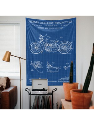 The Lucid Lab Harley Davidson Model 28B Blueprint Tapestry - Motorsikletli Mavi Duvar Örtüsü Oda Dekorasyonu