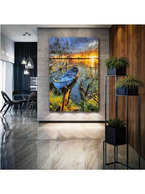 SML Tablo Gün Batımı Kıyıdaki Sandal Soyut Doğa Manzara Kanvas Tablo