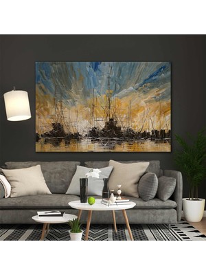 SML Tablo Denizde Gün Batımı Yağlı Boya Efektli Yelkenli Gemi Sahil Doğa Manzara Dekoratif Kanvas Tablo