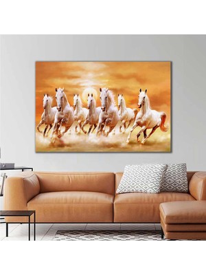 SML Tablo Koşan Beyaz Atlar Güneş Doğa Manzara Kanvas Tablo