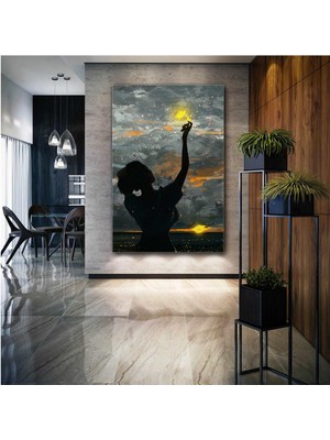 SML Tablo Yağlı Boya Efektli Gün Batımı Güneşi Tutmuş Kadın Art Kanvas Tablo