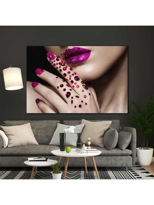 SML Tablo Pembe Rujlu Kırmızı Ojeli Prlantalı Kadın Model Kuaför Makyaj Kanvas Tablo