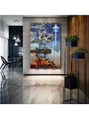 SML Tablo Yağlı Boya Efektli Sokak Lambası Manzara Ağaç Doğa Dekoratif Kanvas Tablo