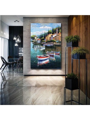 SML Tablo Yağlı Boya Efektli Sahildeki Bağlı Tekneler Doğa Manzara Kanvas Tablo
