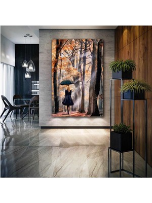 SML Tablo Orman Yolunda Yürüyen Siyah Elbiseli Şemsiyeli Kadın Doğa Manzara Kanvas Tablo