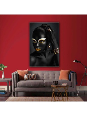 SML Tablo Altın Küpeli Bilezikli Afrikalı Siyahi Kadın Model Kanvas Tablo