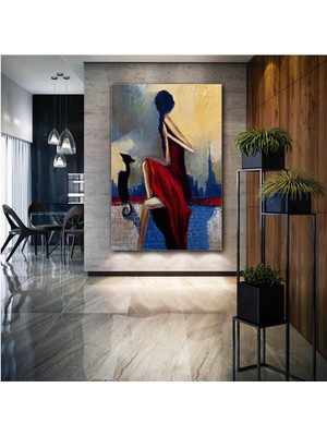 SML Tablo Şehir Manzarasını Seyreden Kırmızı Elbiseli Kadın Ve Siyah Kedi Manzara City Kanvas Tablo