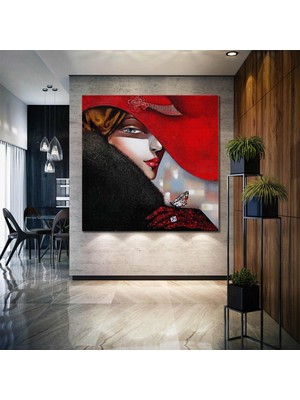 SML Tablo Omzuna Kelebek Konmuş Siyah Kürklü Kadın Kırmızı Ruj Şapka Eldiven Takı Modern Sanat Dekoratif Kanvas Tablo