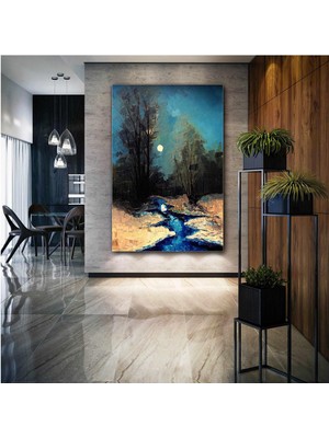 SML Tablo Gece Ay Işığı Altında Manzara Akarsu Yakamoz Doğa Yağlı Boya Efektli Kanvas Tablo
