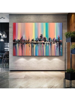 SML Tablo Suya Yansımış Renkli Şehir Manzarası Yelkenli Soyut Art Dekor Kanvas Tablo