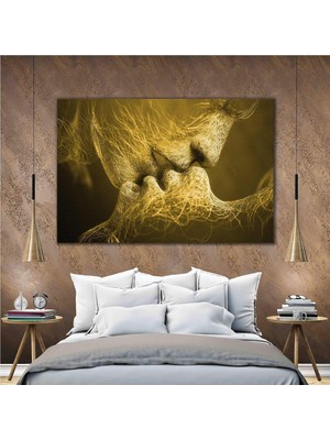 SML Tablo Çizgisel Ağ Öpüşen Çift Aşk Love Sepya Kanvas Tablo