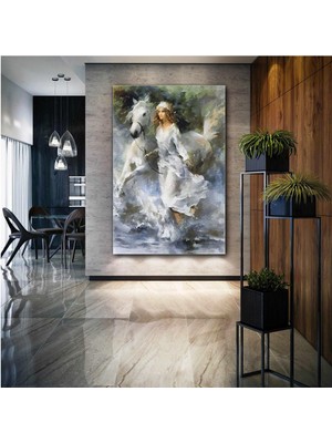 SML Tablo Dalgalar İçinde Koşan Beyaz Elbiseli Kadın Ve Atı Soyut Doğa Manzara Sahil Kanvas Tablo