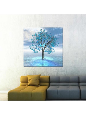 SML Tablo Mavi Yapraklı Denizdeki Ağaç Sahil Doğa Manzara Kanvas Tablo