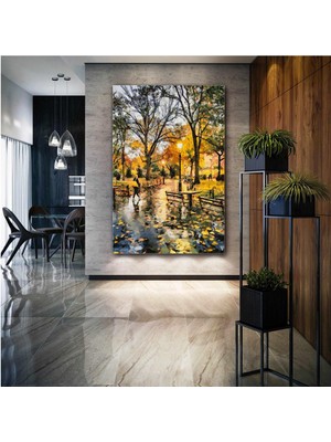 SML Tablo Sonbahar Yere Dökülmüş Yapraklar Parkta Yürüyen Soyut İnsan Doğa Şehir Manzara Kanvas Tablo
